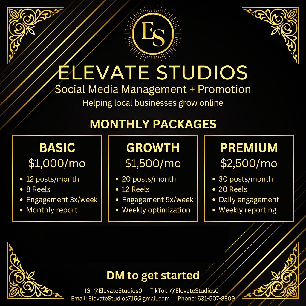 Elevate Studios Monthly Packages — Basic $1,000/mo, Growth $1,500/mo, Premium $2,500/mo
